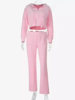Ensemble de survêtement rose pour femme deux pièces : sweat à capuche court zippé tendance et pantalon droit - Vêtement d'intérieur printemps 2026 en velours style années 2000