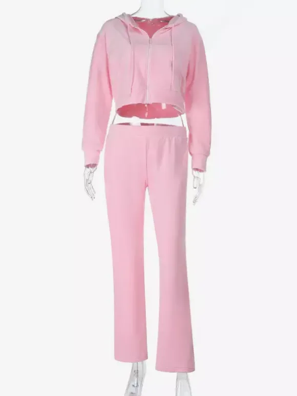 Ensemble de survêtement rose pour femme deux pièces : sweat à capuche court zippé tendance et pantalon droit - Vêtement d'intérieur printemps 2026 en velours style années 2000
