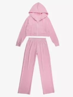 Ensemble de survêtement rose pour femme deux pièces : sweat à capuche court zippé tendance et pantalon droit - Vêtement d'intérieur printemps 2026 en velours style années 2000