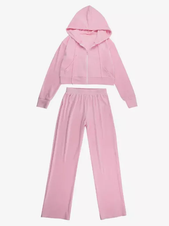 Ensemble de survêtement rose pour femme deux pièces : sweat à capuche court zippé tendance et pantalon droit - Vêtement d'intérieur printemps 2026 en velours style années 2000