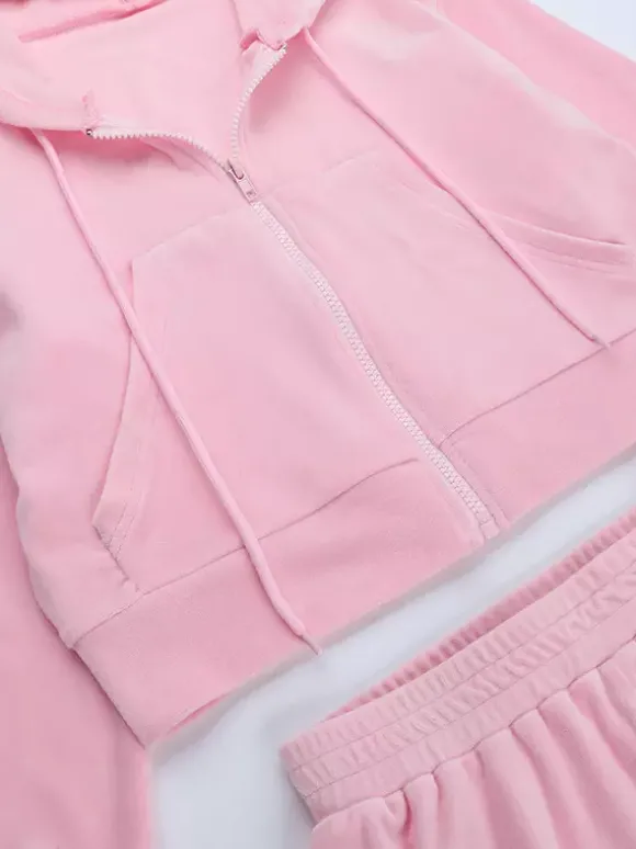 Ensemble de survêtement rose pour femme deux pièces : sweat à capuche court zippé tendance et pantalon droit - Vêtement d'intérieur printemps 2026 en velours style années 2000