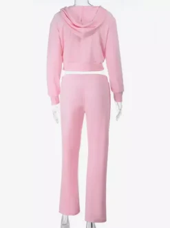 Ensemble de survêtement rose pour femme deux pièces : sweat à capuche court zippé tendance et pantalon droit - Vêtement d'intérieur printemps 2026 en velours style années 2000