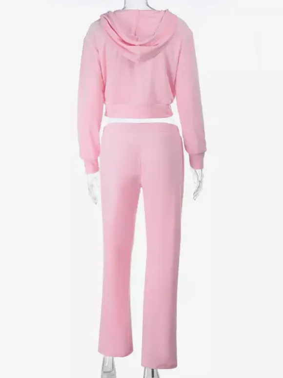 Ensemble de survêtement rose pour femme deux pièces : sweat à capuche court zippé tendance et pantalon droit - Vêtement d'intérieur printemps 2026 en velours style années 2000
