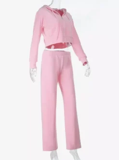 Ensemble de survêtement rose pour femme deux pièces : sweat à capuche court zippé tendance et pantalon droit - Vêtement d'intérieur printemps 2026 en velours style années 2000