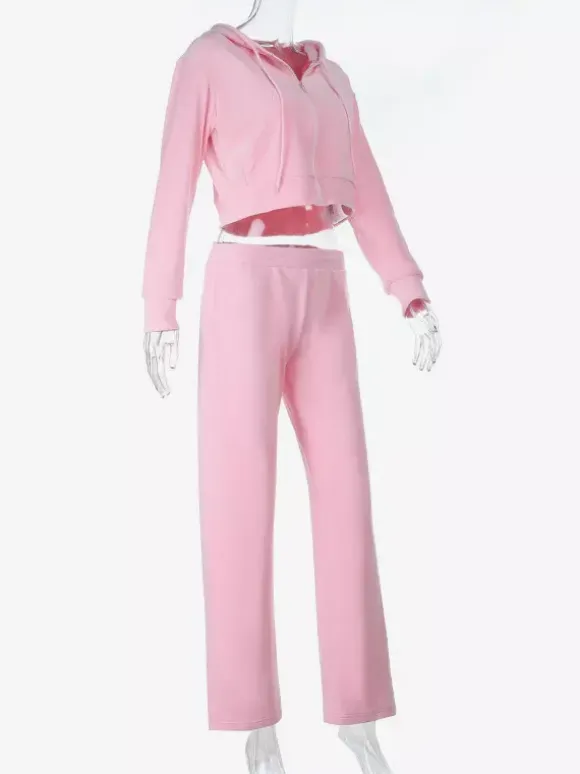 Ensemble de survêtement rose pour femme deux pièces : sweat à capuche court zippé tendance et pantalon droit - Vêtement d'intérieur printemps 2026 en velours style années 2000