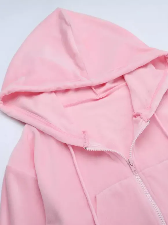 Ensemble de survêtement rose pour femme deux pièces : sweat à capuche court zippé tendance et pantalon droit - Vêtement d'intérieur printemps 2026 en velours style années 2000