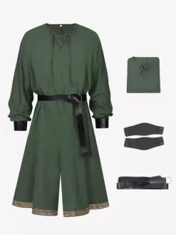 Ensemble de tunique médiévale verte 3 pièces pour homme robe Renaissance avec ceinture et brassards costume de rôdeur viking celtique pour fête médiévale