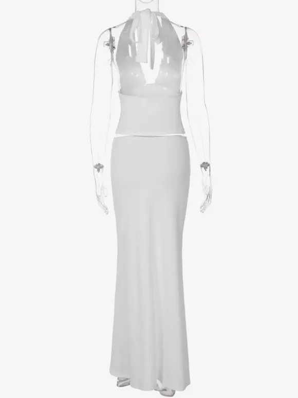 Ensemble deux pièces blanc chic à lacets jupe sans manches à col en V et haut de style streetwear