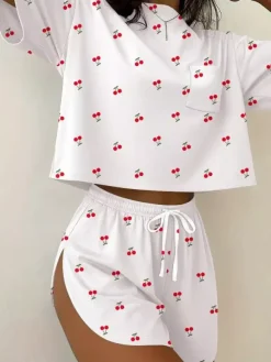 Ensemble deux pièces blanc décontracté imprimé t-shirt à col rond et manches courtes avec cordon de serrage pantalon.