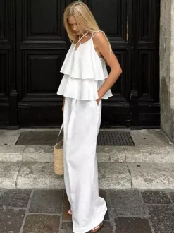 Ensemble deux pièces blanc de soirée en coton à bretelles sans manches pantalon décontracté