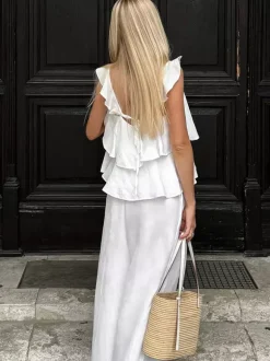 Ensemble deux pièces blanc de soirée en coton à bretelles sans manches pantalon décontracté