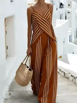 Ensemble deux pièces blanc à rayures décontractées pantalon et bretelles en polyester style décontracté au quotidien.