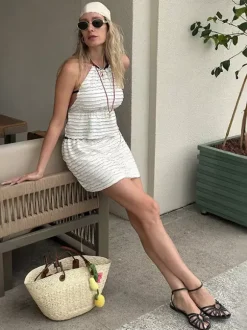 Ensemble deux pièces blanc à rayures chics col rond jupe sans manches