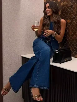 Ensemble deux pièces bleu chic streetwear col bijou sans manches