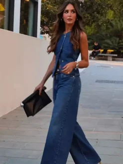 Ensemble deux pièces bleu chic streetwear col bijou sans manches