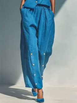 Ensemble deux pièces bleu ciel streetwear en lin boutons bretelles asymétriques col sans manches pantalon décontracté