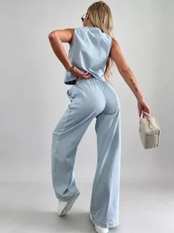 Ensemble deux pièces bleu décontracté streetwear haut sans manches col V et pantalon