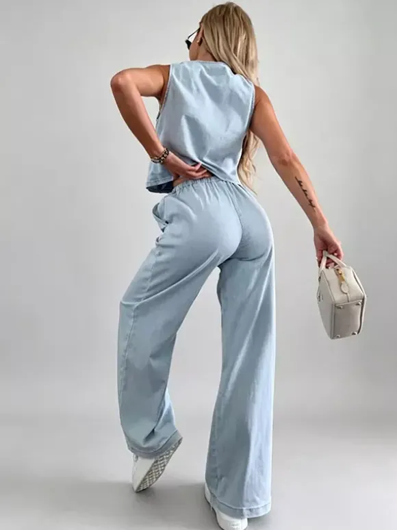 Ensemble deux pièces bleu décontracté streetwear haut sans manches col V et pantalon