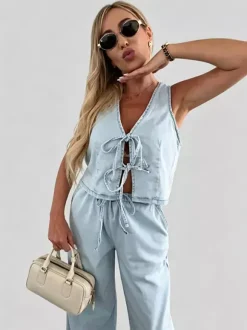 Ensemble deux pièces bleu décontracté streetwear haut sans manches col V et pantalon