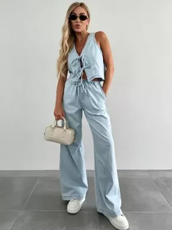 Ensemble deux pièces bleu décontracté streetwear haut sans manches col V et pantalon