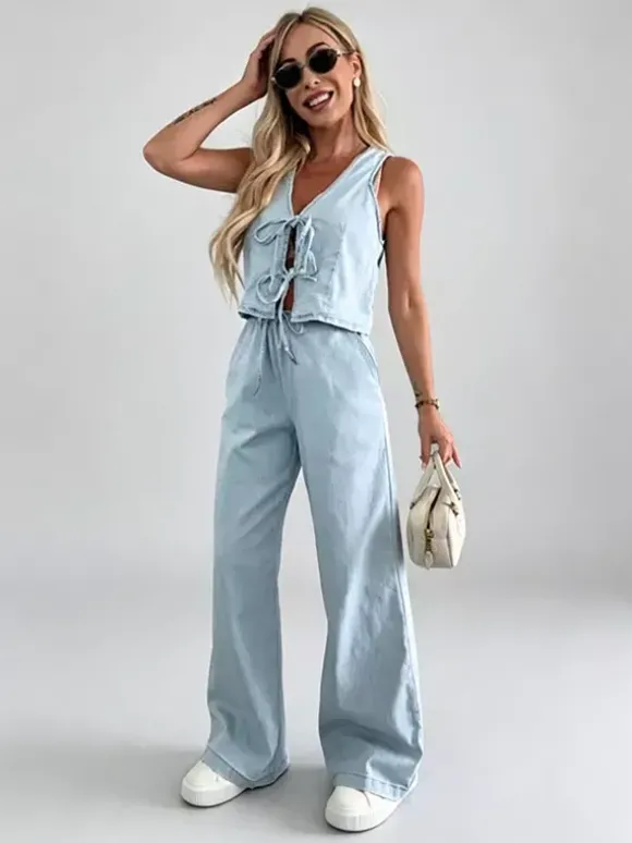 Ensemble deux pièces bleu décontracté streetwear haut sans manches col V et pantalon