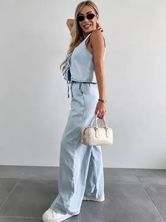 Ensemble deux pièces bleu décontracté streetwear haut sans manches col V et pantalon