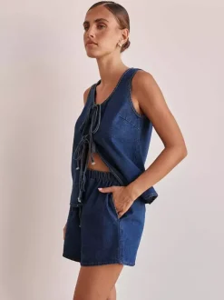 Ensemble deux pièces bleu décontracté streetwear en coton à col rond sans manches