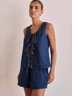 Ensemble deux pièces bleu décontracté streetwear en coton à col rond sans manches