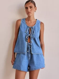 Ensemble deux pièces bleu décontracté streetwear en coton à col rond sans manches