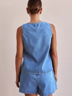Ensemble deux pièces bleu décontracté streetwear en coton à col rond sans manches