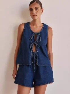 Ensemble deux pièces bleu décontracté streetwear en coton à col rond sans manches