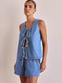 Ensemble deux pièces bleu décontracté streetwear en coton à col rond sans manches