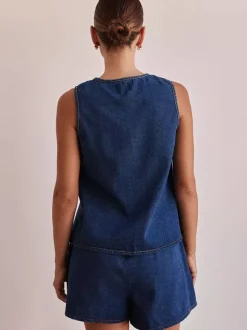 Ensemble deux pièces bleu décontracté streetwear en coton à col rond sans manches