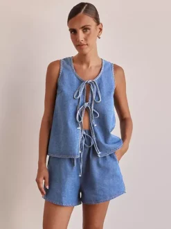 Ensemble deux pièces bleu décontracté streetwear en coton à col rond sans manches