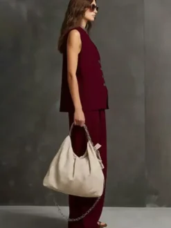 Ensemble deux pièces bordeaux décontracté au quotidien en lin pantalon sans manches à col V