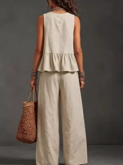 Ensemble deux pièces : débardeur bohème sans manches ivoire à col rond et pantalon large