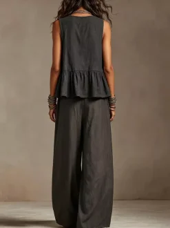 Ensemble deux pièces : débardeur bohème sans manches ivoire à col rond et pantalon large