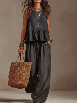 Ensemble deux pièces : débardeur bohème sans manches ivoire à col rond et pantalon large