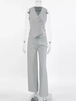 Ensemble deux pièces d'été pour femme haut asymétrique et pantalon droit 2026