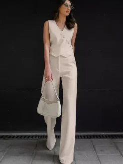 Ensemble deux pièces d'été pour femme haut asymétrique et pantalon droit 2026