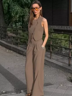 Ensemble deux pièces d'été pour femme haut asymétrique et pantalon droit 2026