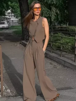 Ensemble deux pièces d'été pour femme haut asymétrique et pantalon droit 2026