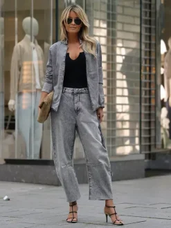 Ensemble deux pièces en denim délavé aux enzymes pour femme - Veste grise à ceinture nouée et pantalon à jambes fuselées - Collection printemps-été 2026