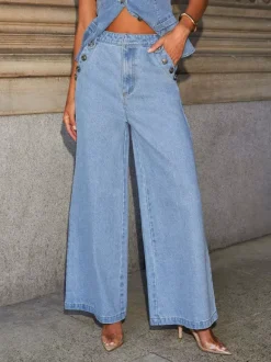 Ensemble deux pièces en denim gilet boutonné et jean droit tenue d'été pour femme 2026