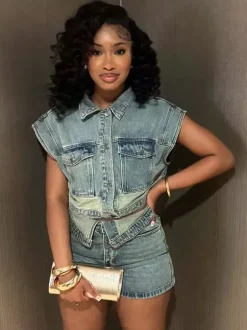 Ensemble deux pièces en denim pour femme - Crop top bleu délavé style années 2000 et short taille repliable - Streetwear été 2026