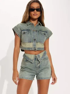 Ensemble deux pièces en denim pour femme - Crop top bleu délavé style années 2000 et short taille repliable - Streetwear été 2026