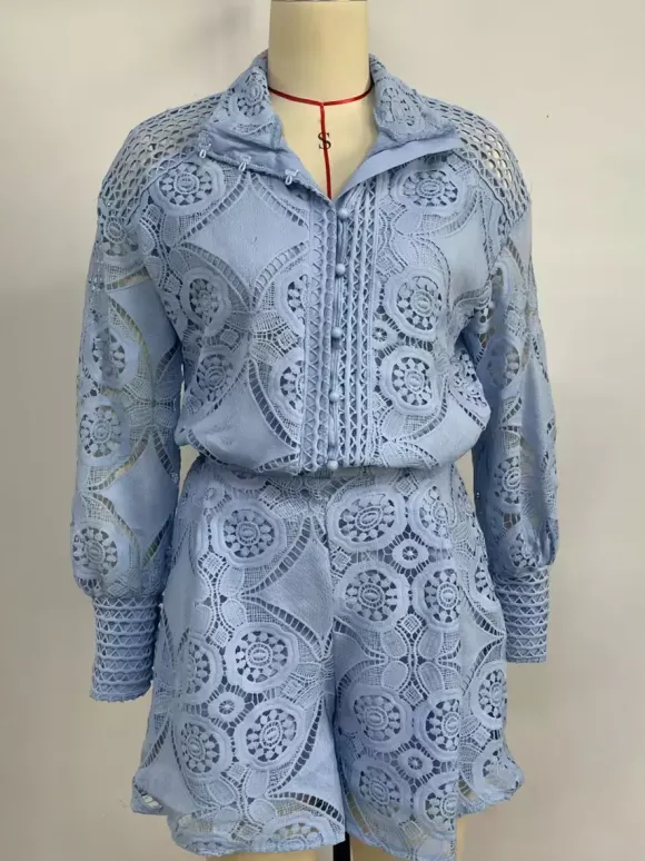 Ensemble deux pièces en dentelle chemise à manches longues et short 2026