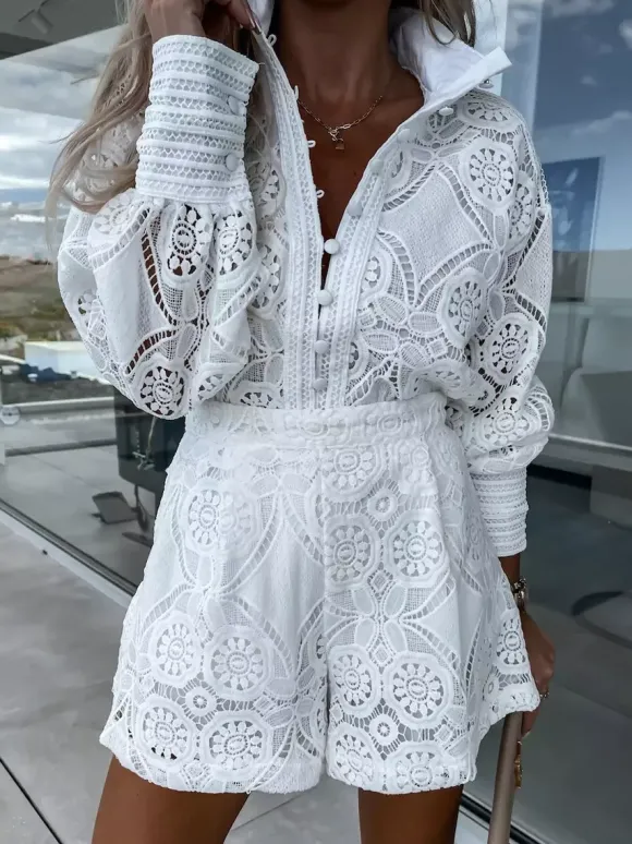 Ensemble deux pièces en dentelle chemise à manches longues et short 2026