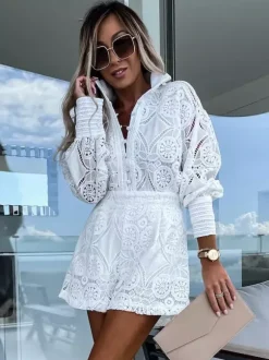 Ensemble deux pièces en dentelle chemise à manches longues et short 2026