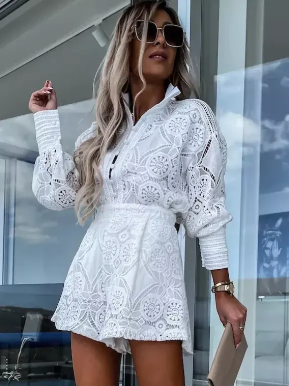 Ensemble deux pièces en dentelle chemise à manches longues et short 2026